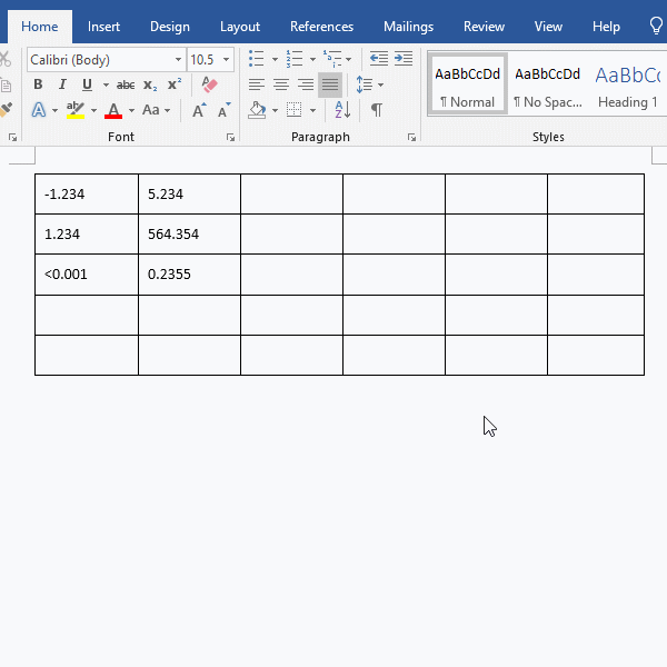 How to align numbers in word table base on decimal point