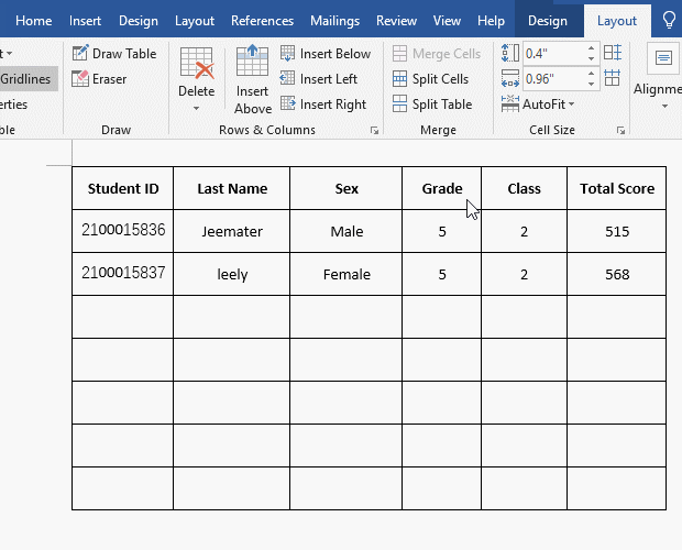 How to split multiple cells in Word