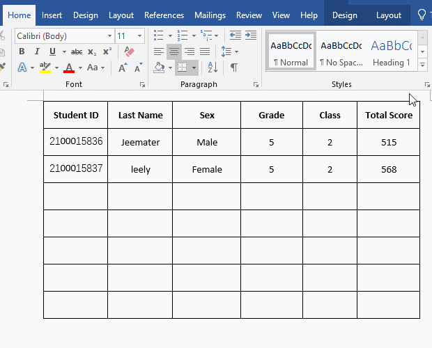 How to split a table in Word