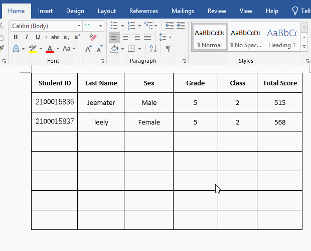 Split table in Word with command