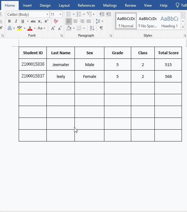 How to split table vertically in Word