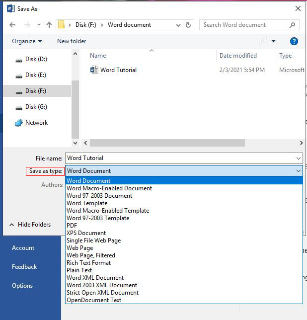 Save as type in Word