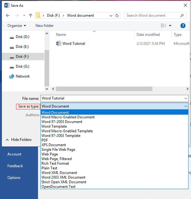Save as type in Word