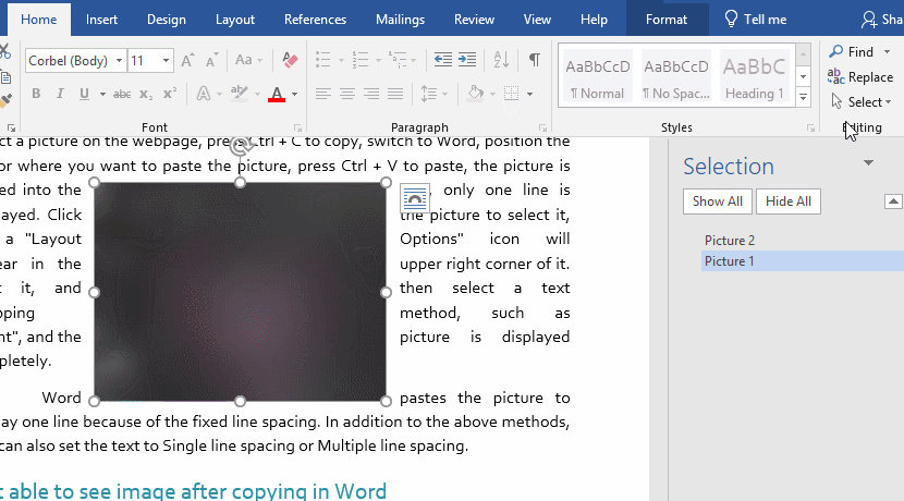 cannot select picture behind text in Word