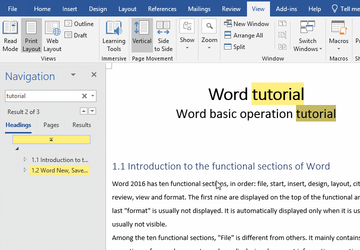Headings, Pages and Results in Navigation Pane in Word