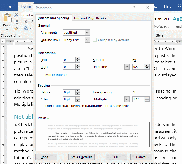 First line indent 0.7 inches in Word