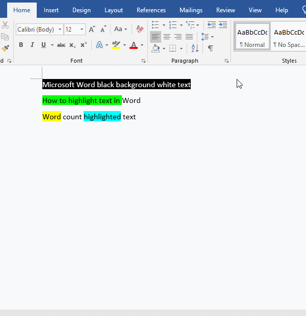 Word count highlighted text