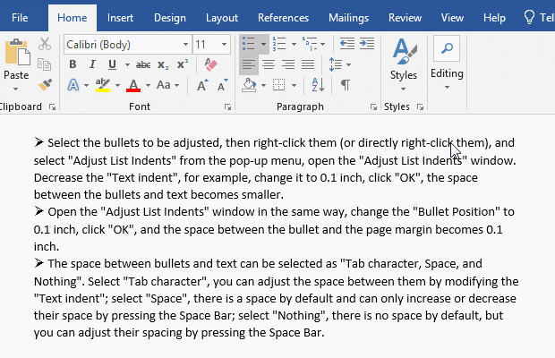 Set the bullets to First line indent in Word