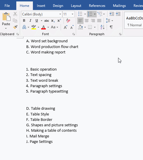 Example of merging two numbered lists in Word