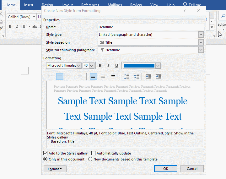 Set formatting for the created style in Word