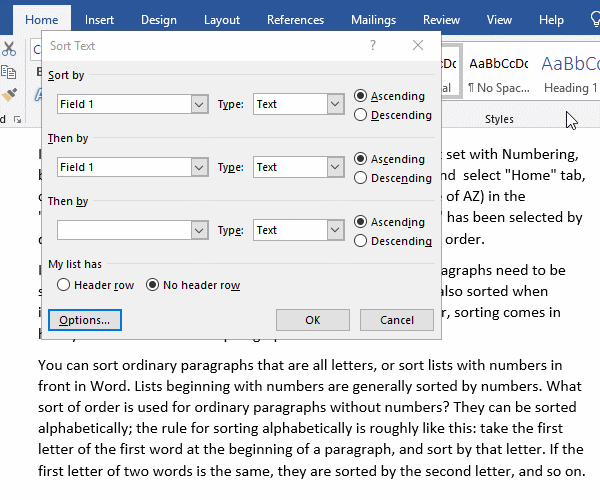 Sort paragraph options in Word
