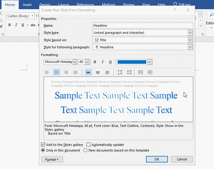 Create New Style from formatting completely in Word