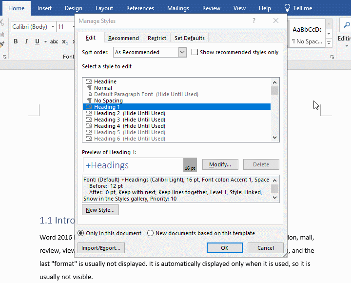 open the modify Style dialog box in Word