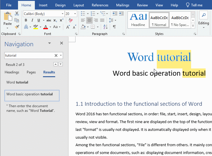 locate keywords in the document in Word