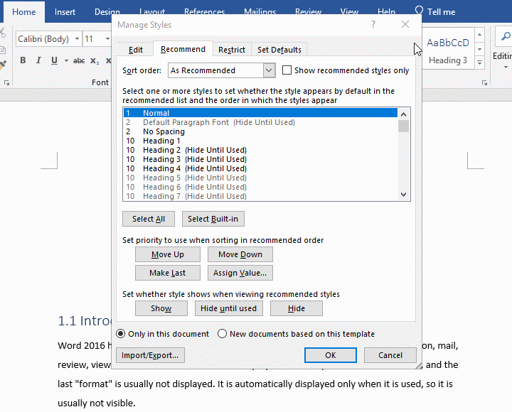 Restrict styles in Word