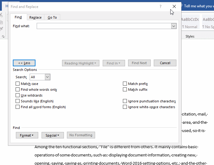 How ot find Special Format in Word