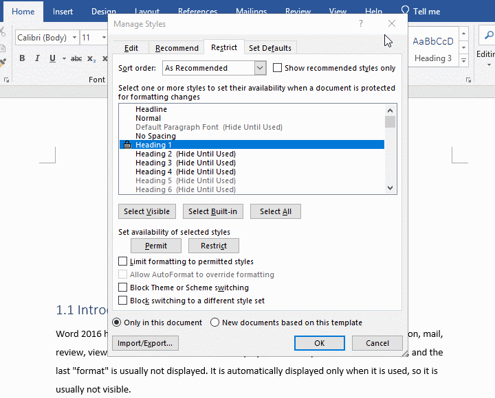 set Permit or Restrict in batches in Word