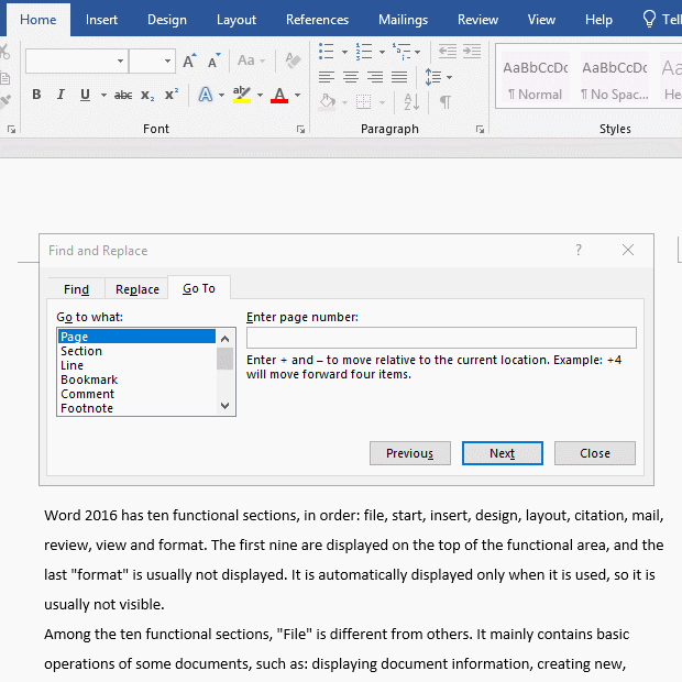 How to go to page in Word