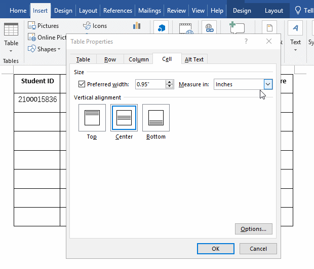 adjust width of cell in Word