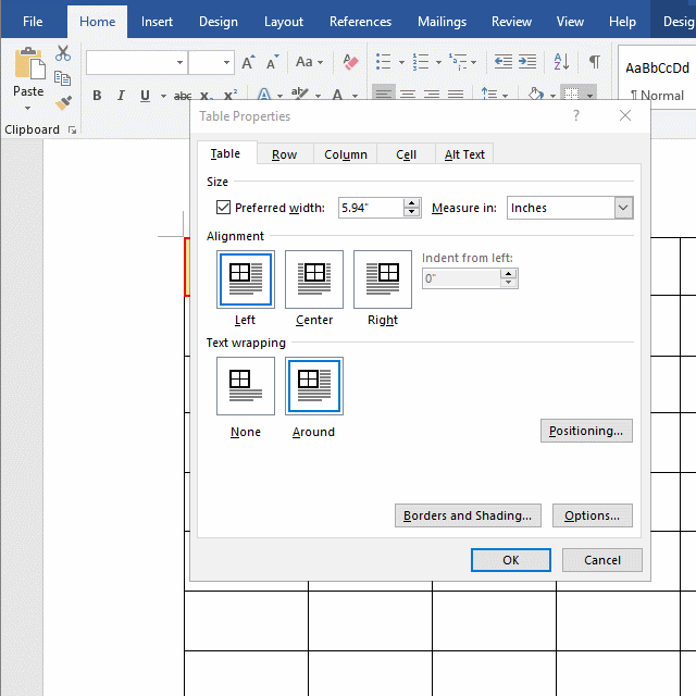 How to find table properties in Word
