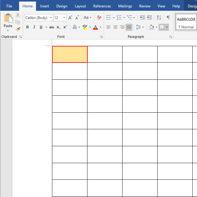 Word table properties Positioning is gray