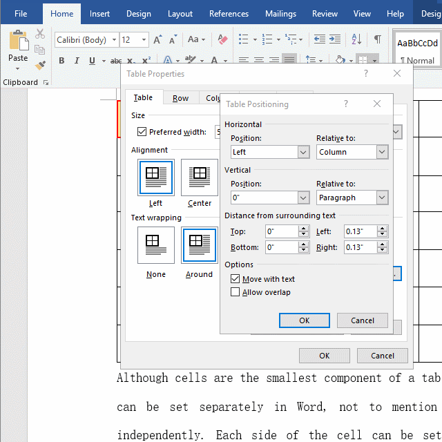 There are four options for the  Distance from surrounding text in Word